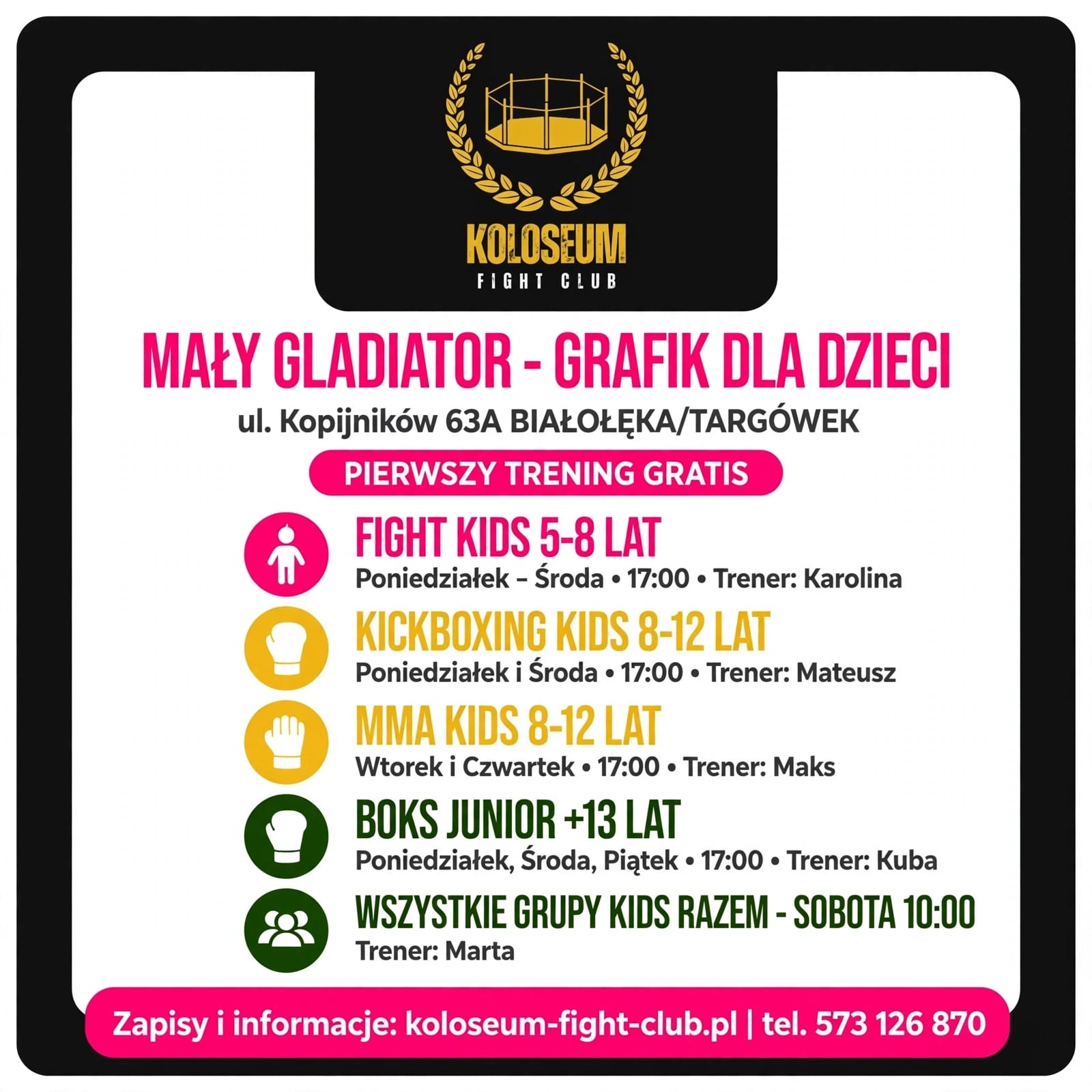 Mały Gladiator - Grafik zajęć dla dzieci Koloseum Fight Club